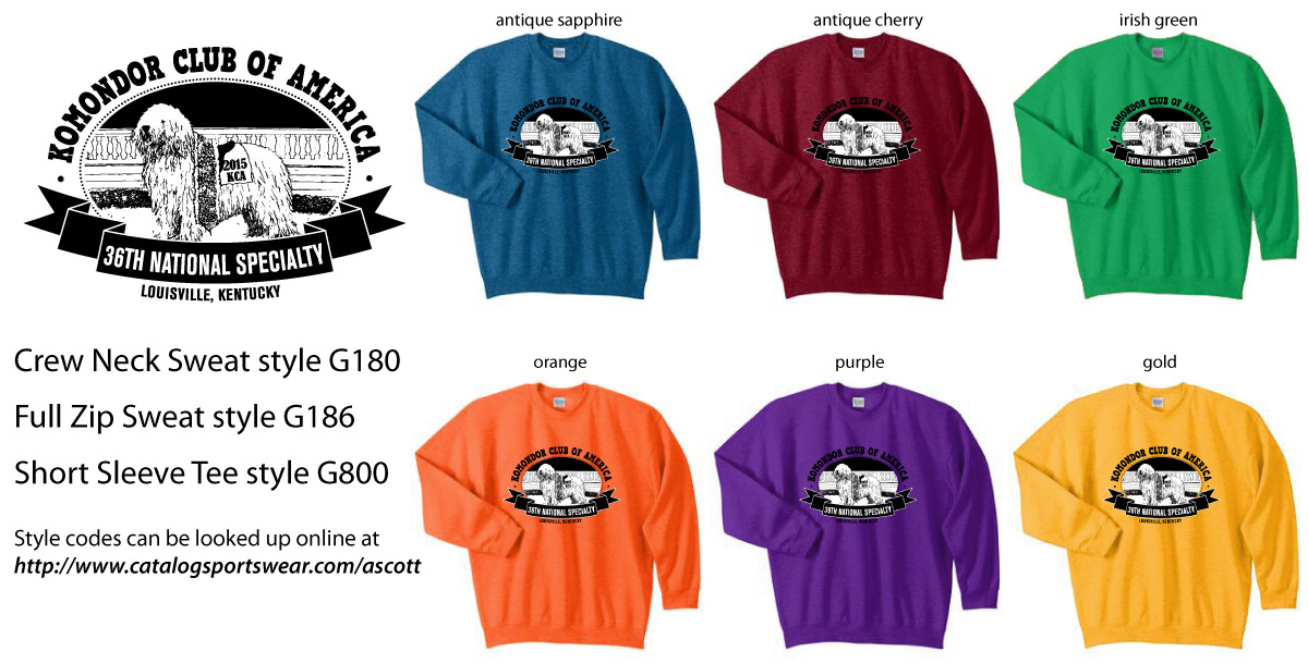 KCA’s National Specialty shirts and jackets are available for sale. You may choose the color you need at www.catalogsportswear.com/ascott Item # G800 is the T-shirt (Gildan dry blend) at $15.00 each. Item # G180 is the fleece crew (Gildan heavy blend) at $25.00 each. The full-zip hood jacket (Gildan heavy blend) is item #G186 at $35 each.