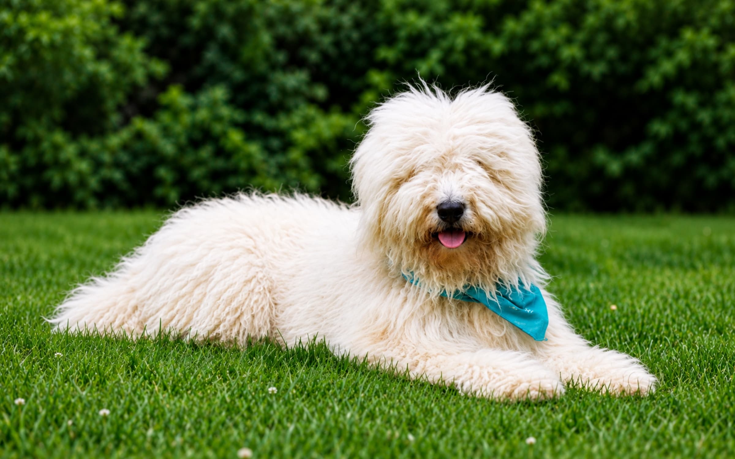 Komondor puppy with a teal bandana lying on grass